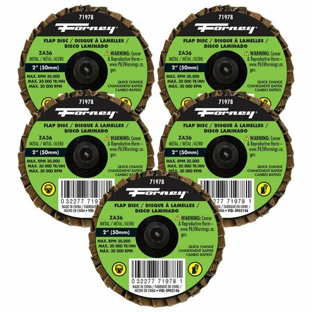 FORNEY Quick Change Flap Disc, 36 Grit, 2 in 5-Pack of Forney 71978 71613